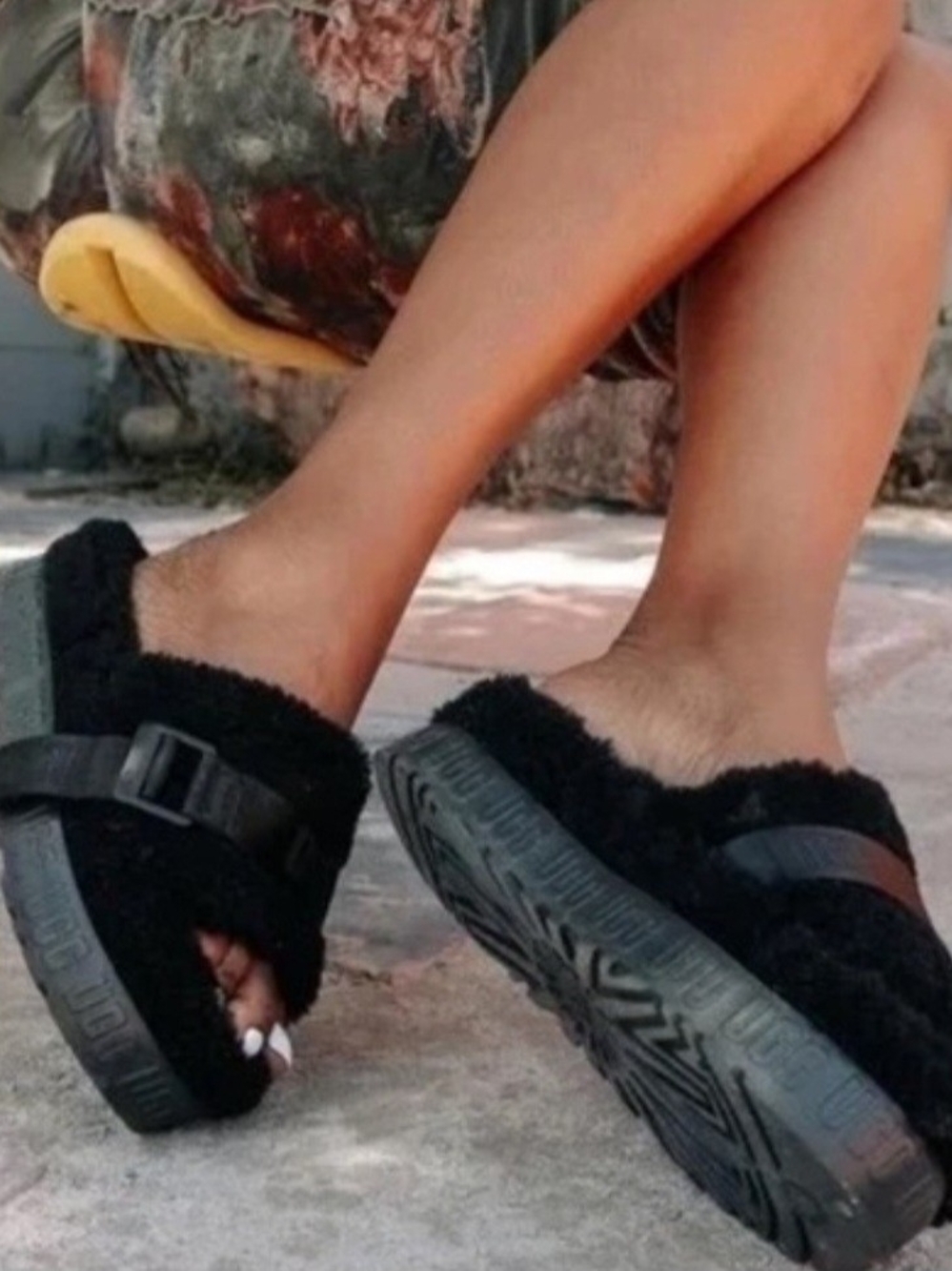 UGG Fluff Black Platform Shearling Slide Sandals with Adjustable Strap. Size 9